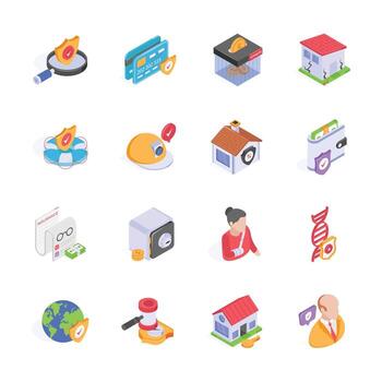 This image features a collection of colorful isometric icons representing different aspects of insurance and security vector