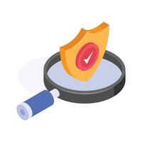 A magnifying glass examining a shield for risk assessment vector
