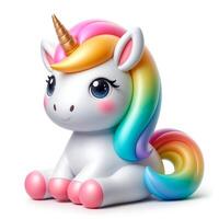 Cute colorful 3d unicorn sitting and smiling isolated on white background photo