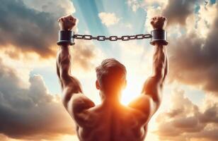 A man raises his arms to the sky, chained, symbolizing the struggle against oppression and the pursuit of freedom photo