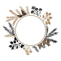 Round frame with a pattern of winter plants. Christmas festive botanical ornament, hand drawing. vector
