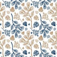Winter, Christmas seamless pattern with pine branches and cones. Blue and gold on a white background. vector
