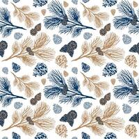Winter, plant seamless pattern with pine branches and cones. Blue and gold on a white background. vector