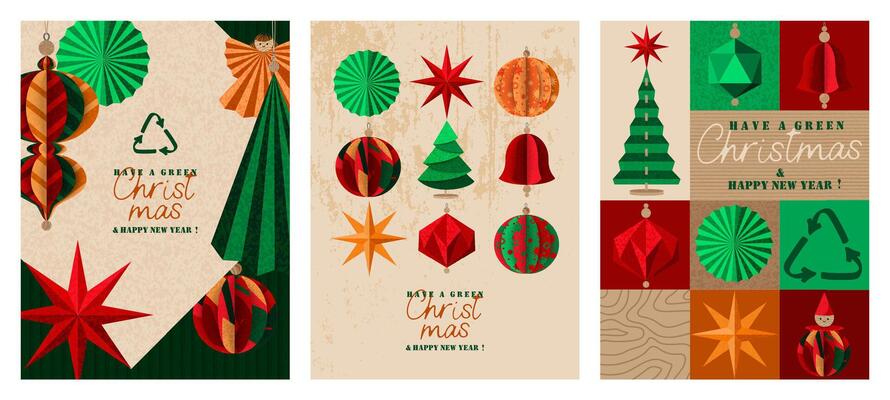 Have a Green Christmas, poster set. Composition with Christmas tree paper ornament.
