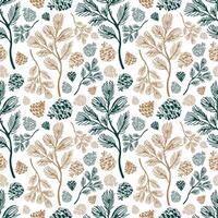 Winter, botanical seamless pattern with pine branches and cones. Green and gold on a white background. vector