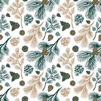 Winter, natural seamless pattern with pine branches and cones. Green and gold on a white background. vector