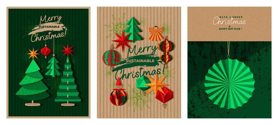 Happy, sustainable Christmas. A set of festive posters with paper Christmas tree ornaments.