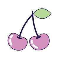 Vintage cherries on branch with leaf on white background. Retro illustration with outline in 90s style. Isolated illustration. vector