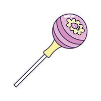 Strawberry flavored caramel lollipop on white background. Retro illustration with outline in 90s style. Isolated illustration. vector