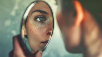 A young individual looking at their reflection in a mirror, capturing a moment of introspection photo
