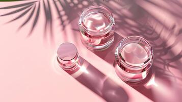 Elegant skincare jars on a sunlit surface casting soft shadows alongside a dried botanical branch photo