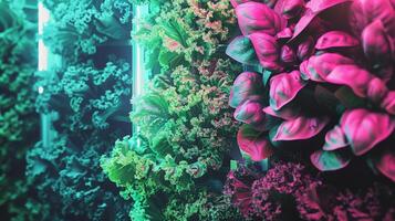 Lush plants thrive in a vertical hydroponic garden, illuminated by neon lights in an urban environment photo
