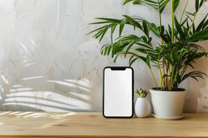 A smartphone is positioned on a wooden table, displaying a blank screen. Nearby, green plants in pots add a fresh touch to the bright and airy setting, complementing the textured wall behind photo