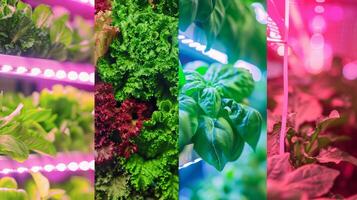 A vertical garden features a variety of leafy greens illuminated by colorful LED lights photo