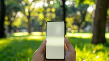 A person gently holds a smartphone featuring an empty screen, surrounded by vibrant greenery and trees in a peaceful park during daylight hours photo