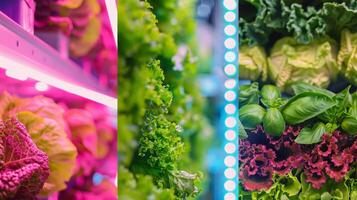 Hydroponic system featuring lush, healthy greens illuminated by colorful LED lights for optimal growth photo