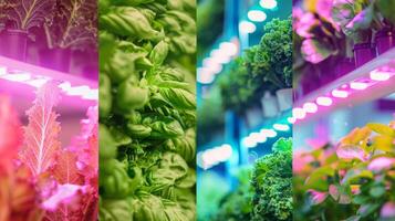 This hydroponic vertical garden displays lush greens thriving under bright LED lights photo