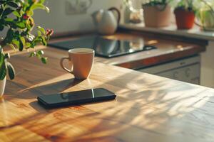 A smartphone rests on a wooden kitchen table, next to a cup of coffee, while sunlight illuminates the space and highlights the nearby plants, creating a calm atmosphere photo