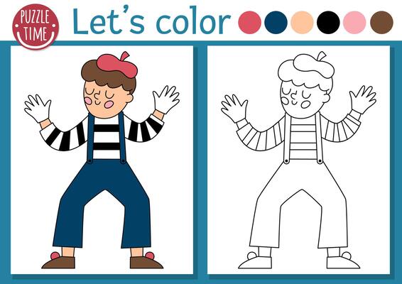 French themed coloring page for children with mime in beret and stripy shirt. French outline illustration. Color book for kids with colored example. Drawing skills printable worksheet