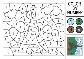 France themed color by number activity with Eiffel Tower in the park. French landscape scene. Black and white counting game with traditional symbol. Coloring page for kids vector