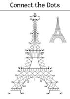 dot-to-dot and color activity with Eiffel Tower. France themed connect the dots game for children with main Paris landmark. French coloring page for kids. Printable worksheet vector