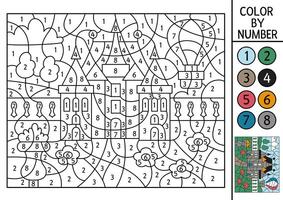 France themed color by number activity with castle in the park. French landscape scene. Black and white counting game with ancient building. Coloring page for kids with garden vector
