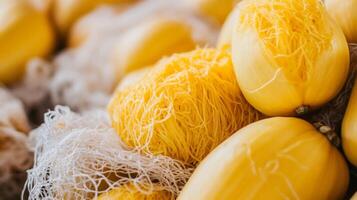 Spaghetti squash displays its vibrant yellow color and unique fibrous strands on white backdrop photo