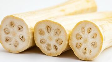 Cut marrow pieces showcasing circular patterns and a smooth texture against a white backdrop photo
