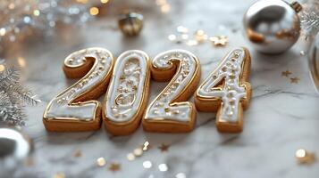 Delight in intricate New Year cookies shaped like 2024 adorned with elegant gold and white icing, perfect for holiday celebrations photo