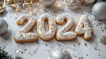Delight in the exquisite 2024 cookies adorned with intricate icing and surrounded by festive decorations for a joyful celebration photo