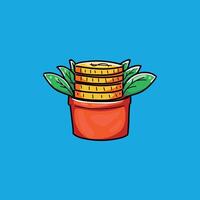 A colorful illustration depicting coins growing from a plant pot, symbolizing financial growth and prosperity. The vibrant colors and simple design convey concepts of investment and wealth. vector