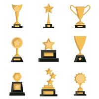 Set of golden trophies illustration. Awards cups collection isolated on white. Game beautiful shape prize. vector