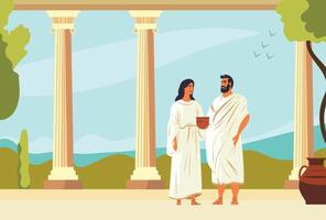 Two ancient Greek people standing and talking in athens garden. Background with columns and arches. illustration vector