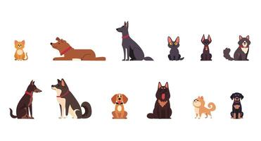 Set illustration cats and dogs in different poses. Isolated icons cartoon characters at different age pets. vector