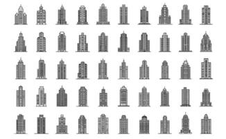 Building icon set. Outline cityscape construction and apartment. Business architecture town and metropolis skyscraper collection. City exterior structure and line silhouette illustration. vector