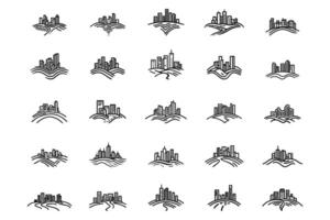 Skyline icon set illustration. Simple building district and cityscape silhouette collection. Urban architecture and element shape. vector