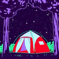 A red tent in the middle of a field at night vector