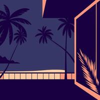 Palm trees on the balcony at night. vector