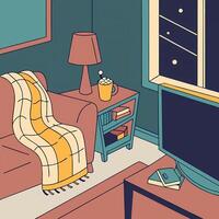 A cartoon illustration of a living room with a couch, blanket and lamp vector
