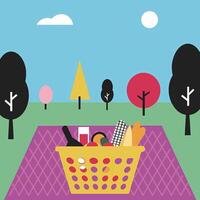 A basket full of food is sitting on a picnic blanket vector