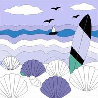 A drawing of a surfboard on the beach with shells and birds vector