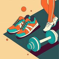 A person is standing next to a pair of sneakers and a dumbbell vector