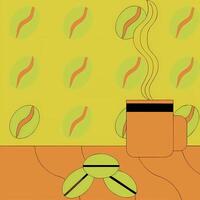 A coffee cup and beans on a table with a pattern vector
