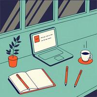 An illustration of a laptop on a desk with a cup of coffee and notebook vector