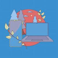 Laptop, phone and trees on a blue background vector