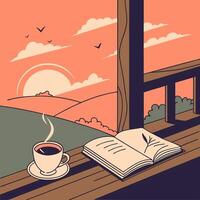 A cup of coffee and a book on the balcony vector
