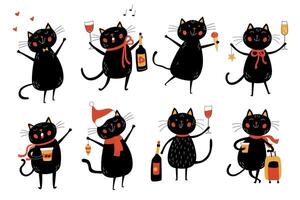 Set with festive and funny black cats with playful poses with wine glasses and holiday decor. Hand drawn doodle illustrations with black outline great for coloring and creating greeting cards vector