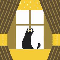 A black cat sitting on a window sill with yellow curtains vector