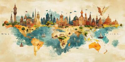 Whimsical World Map Hand Drawn Landmark Panorama Global Travel Watercolor Texture photo
