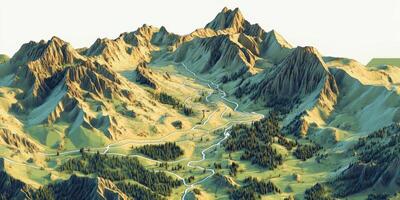 3D Topographic Hiking Trail Map Mountain Range Valley Peaks photo